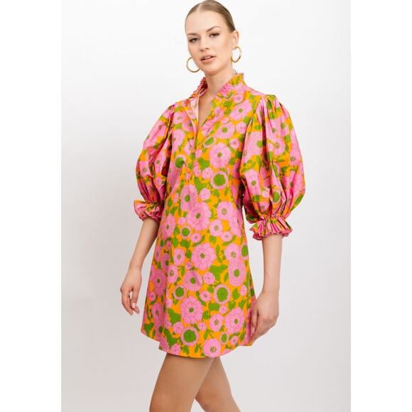 Flora Bea 100% Cotton Pink Orange Green Floral Ruffle Mini Dress Size Medium - Picture 1 of 7